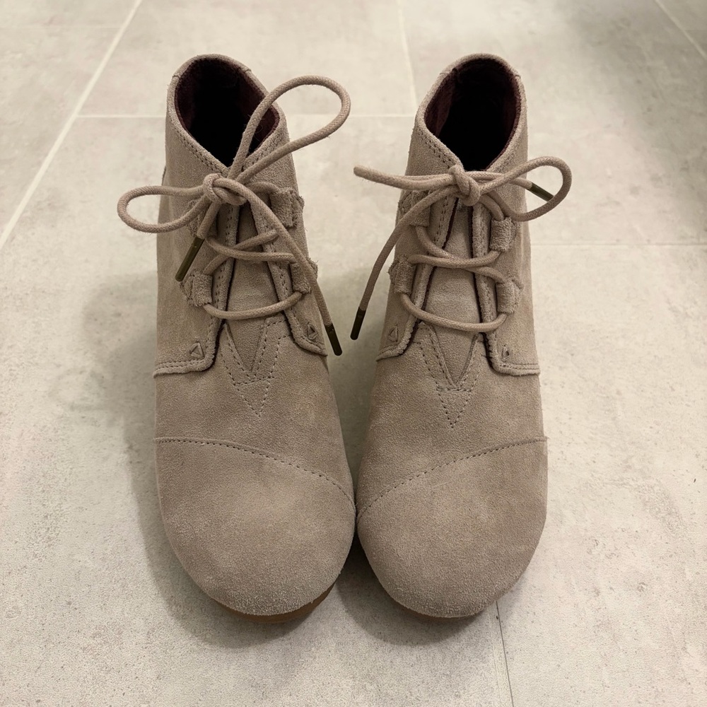 TOMS Kala Suede Wedge Booties in color Taupe